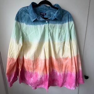 Lands’ End 2X Tie Dye Button Down Shirt Pastel Rainbow Oversized